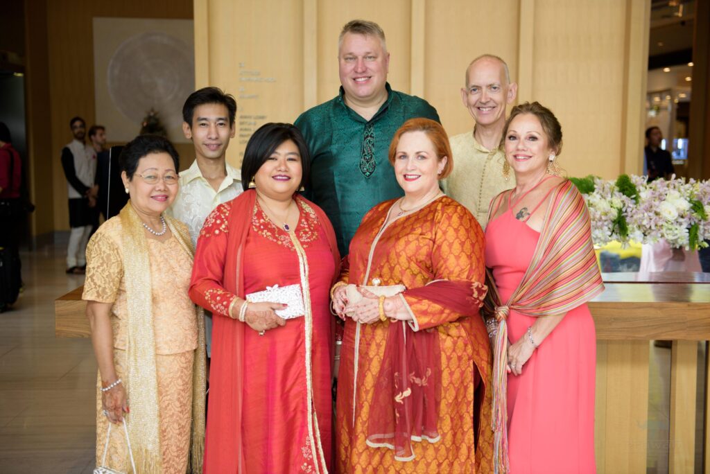 Lady Jeanne-Elise, her wife, Yu Yu Din, Yu Yu's mum Khin Saw Mu, Yu Yu's brother, Halley, Lady Jeanne's bestie Lee Neubecker, who helped raise William, David Tansey, our officiant for the Scottish Rites, and another of Lady Jeanne's besties, Robyn Newton at the beginning of the Sikh Wedding.