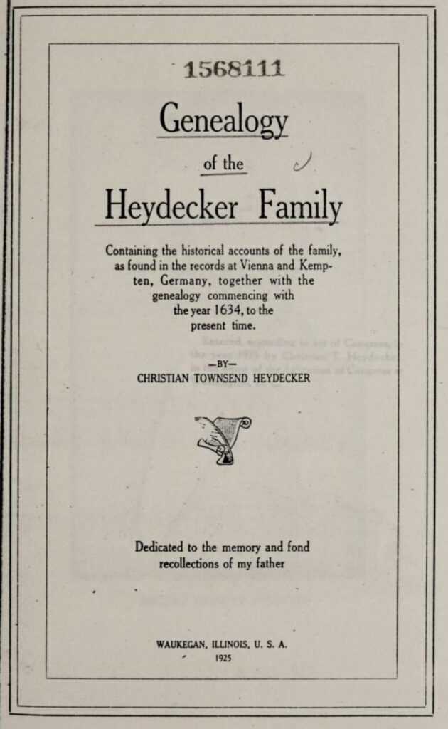 Title Page of Christian Townsend Heydecker's book about his lineage.